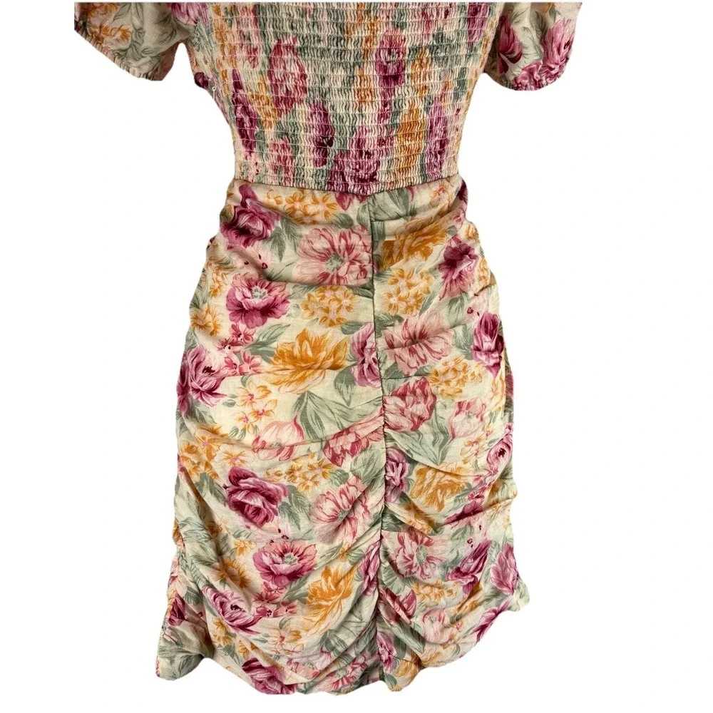American Eagle Floral Ruched‎ Mini Dress Linen Cotton Puff Sleeve Cottagecore M